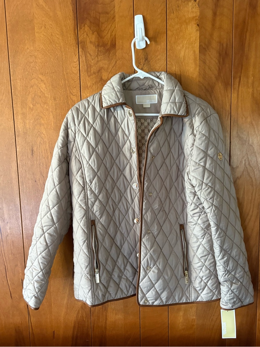Michael Kors Quilted Taupe Jacket with Gold Logo size women’s large